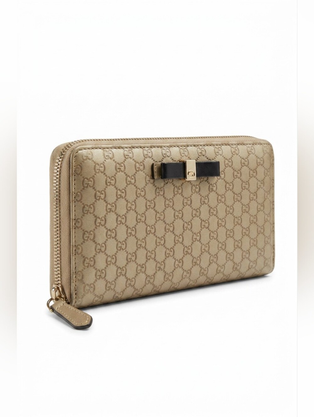 Gucci GG Supreme Zip Wallet In Gold with Black Bow Accent